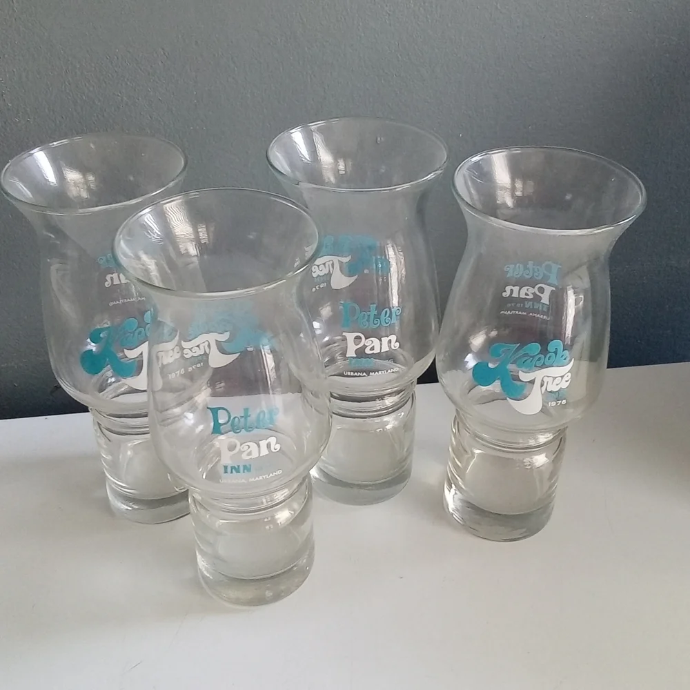 Vintage 1976 Peter Pan Inn Kapok Tree Inn‎ Hurricane Cocktail Glasses Set of 4